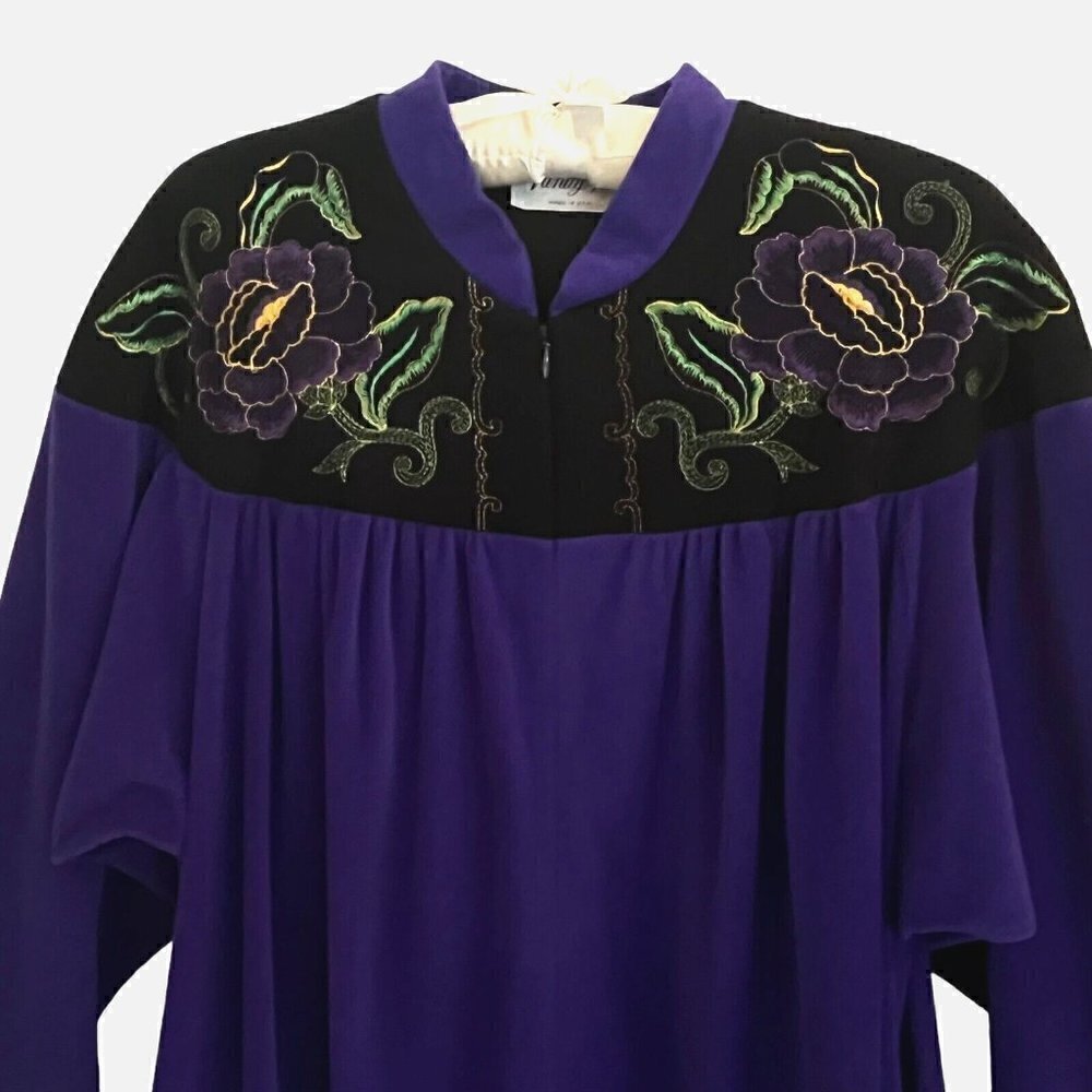 Vtg Vanity Fair Purple Floral Velour Quilted Housecoat Long Robe Sz M Grannycore